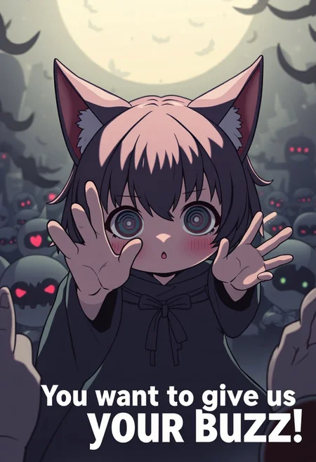 kawaii anime art style, cultist girl hypnotizes the viewer, cult, crowd, occult, darkness, chibi, cat ears, neko, spiral eyes, large text "You want to give us your buzz"