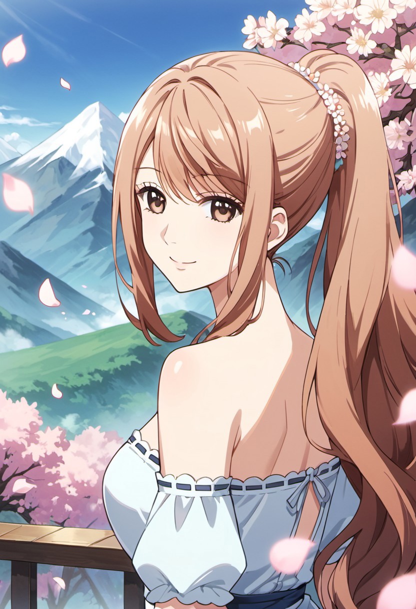 score_9, score_8_up, score_7_up, source_anime, iroha igarashi, long hair, brown hair, brown eyes, 1girl, solo, petals, dress, hair ornament, smile, ponytail, mountain, looking at viewer, bare shoulders
