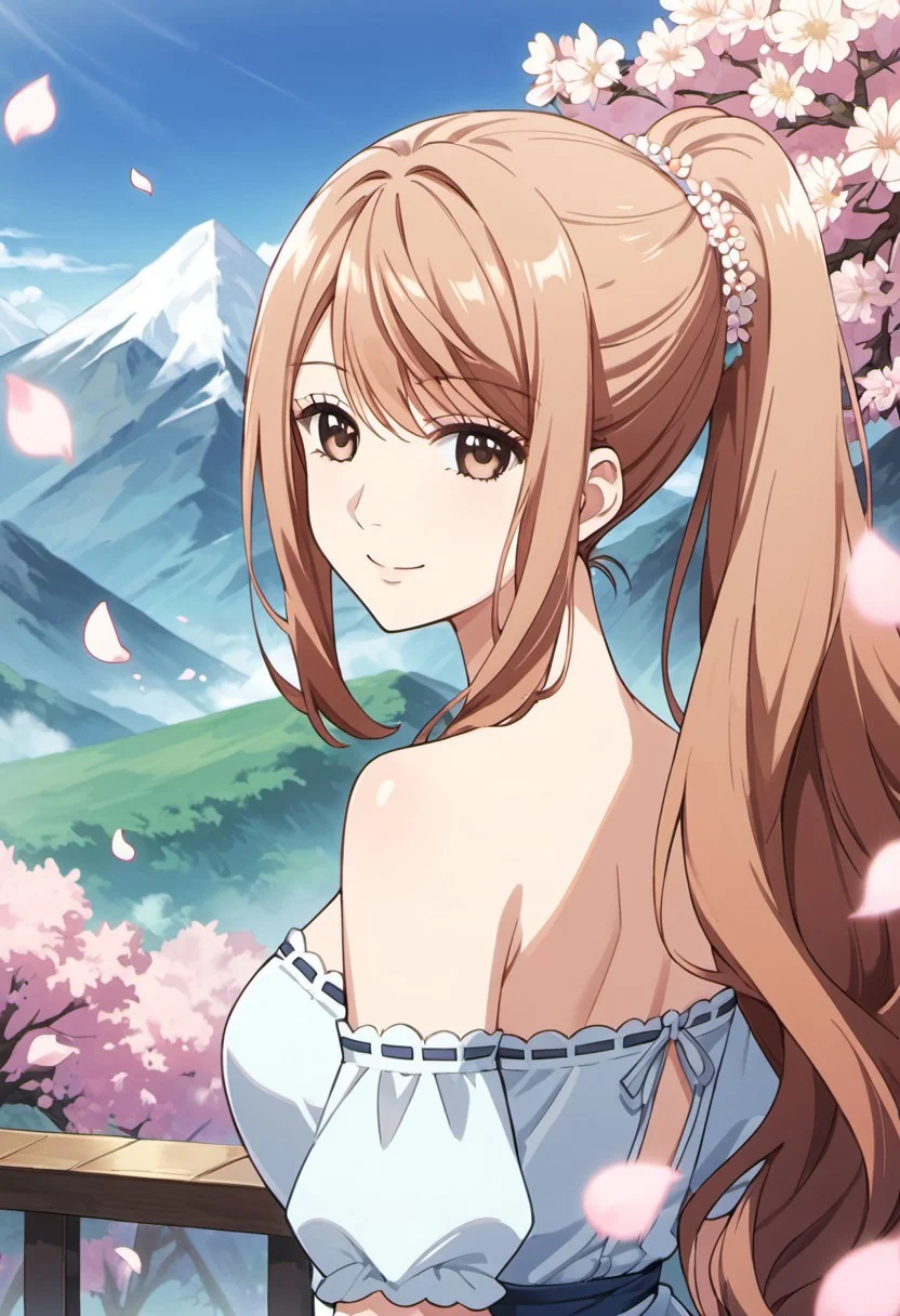 score_9, score_8_up, score_7_up, source_anime, iroha igarashi, long hair, brown hair, brown eyes, 1girl, solo, petals, dress, hair ornament, smile, ponytail, mountain, looking at viewer, bare shoulders