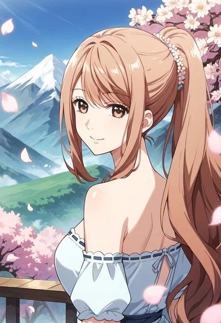 score_9, score_8_up, score_7_up, source_anime, iroha igarashi, long hair, brown hair, brown eyes, 1girl, solo, petals, dress, hair ornament, smile, ponytail, mountain, looking at viewer, bare shoulders