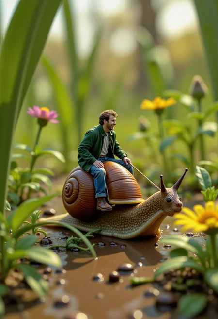 highly detailed closeup, a bright daytime shot of a miniature man wearing a green jacket, riding a snail, sunlight glinting off the snailâs wet, textured shell as it slowly glides across a lush garden. The man, holding a thread-like harness, sits confidently on the snailâs back as if embarking on an adventure. Around them, oversized blades of grass and wildflowers tower high, creating the impression of a vast, vibrant landscape. The sunlight filters through the leaves, casting dappled light on the ground and illuminating the snailâs glossy trail. The manâs expression is one of excitement and determination as he rides the snail through this towering natural world, with the scene feeling whimsical and full of wonder, bathed in the warmth of a sunny day,
