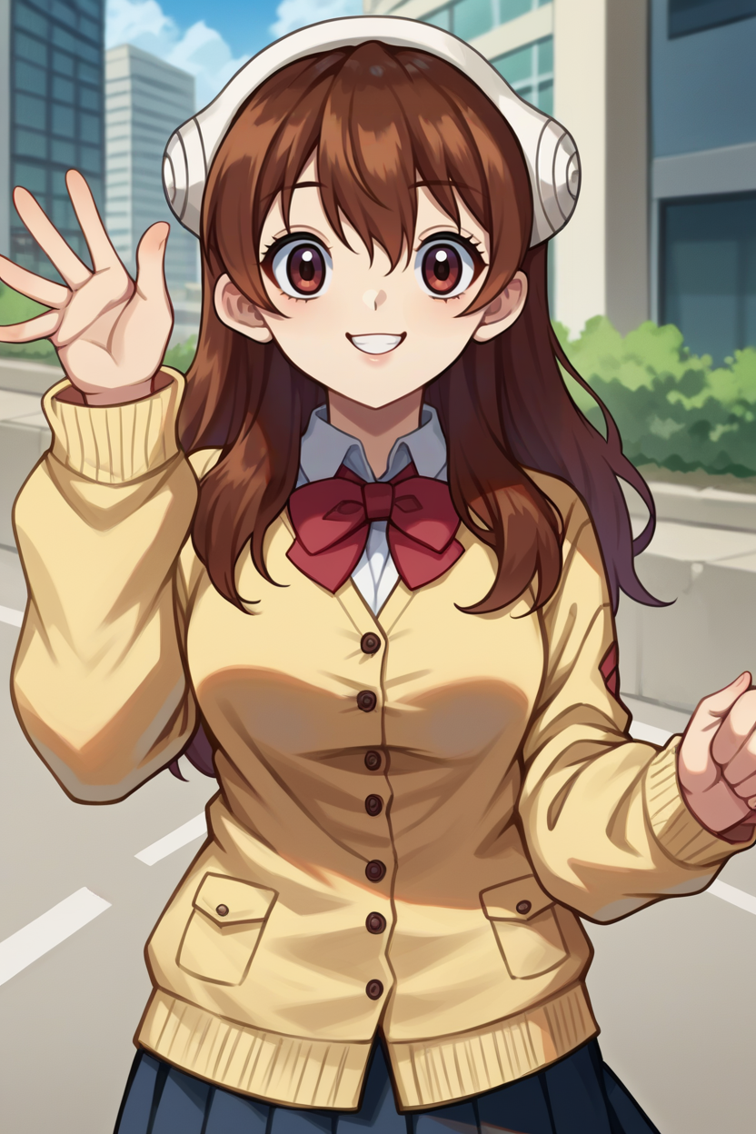 score_9, score_8_up, score_7_up, score_6_up, source_anime, BREAK 1girl, solo,  <lora:dsyuzu-pdxl-nvwls-v1-000005:1> dsyuzu, brown hair, headphones, long hair, medium breasts, yellow cardigan, red bowtie, pleated skirt, city, looking at you, smile, waving
