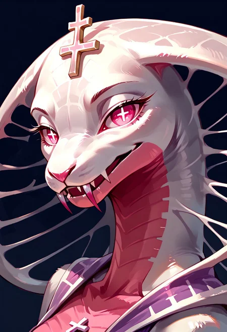 score_9, score_8_up, score_7_up, easynegative, realistic style, symphtia-style, detailed face, solo, anthro, furry, Expressiveh, masterpiece, raw quality, best quality, extremely detailed, stunning beautiful, high definition, HD, cute, Median(FV), anthro, furry, Snake girl, anthro, female reptile, white and pink body, holes in snake hood, long tail, pink eyes, cross shaped pupils, head ornament (cross), fangs, looking at viewer, light smile, 3/4 view, side view, close-up, face focus, BREAK masterpiece, best quality, very aesthetic, perfect eyes, textured fur, open smile,