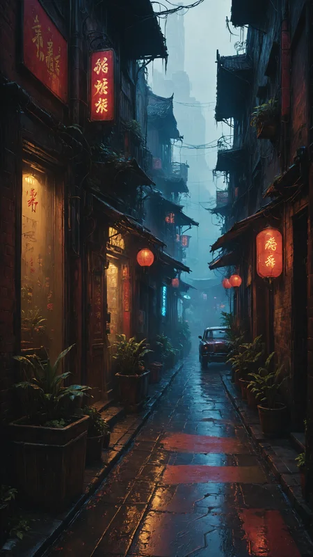 A rain-soaked alleyway is illuminated by the flickering glow of neon signs, its shadows dancing in the shifting light, cin3,, fantasy art, digital painting, volumetric lighting, highly detailed, artstation, sharp focus, illustration, concept art, ruan jia, steve mccurry <lora:cine:0.7> <lora:Misty_Vintage:0.8> <lora:RMSDXL_Creative:0.4>