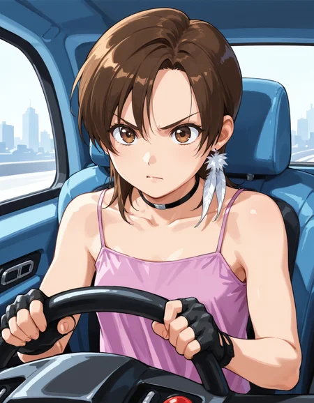 <lora:lisa-exdriver-illustrious-000015:0.8> exdlsa, brown eyes, feather earrings, choker, fingerless gloves, camisole, 1girl, solo, determined, v-shaped eyebrows, vehicle interior, holding, driving, front view, upper body