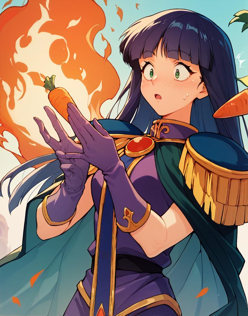 score_9, score_8_up, score_7_up, score_6_up, score_5_up, ((source_anime)) ,  <lora:SylphielNL:1> sylphielnl, long hair,  blunt bangs,    green eyes,  , epaulettes, cape, gloves, surprised, floating carrot that is on fire, carrot on fire, embarrassed,