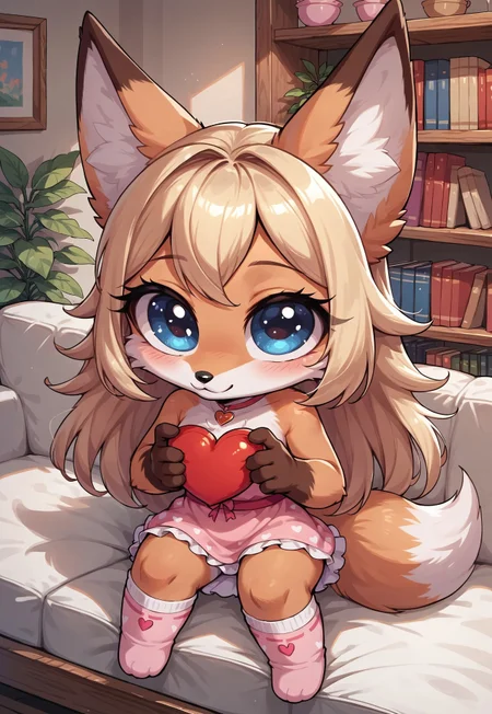 masterpiece, score_9_up, score_8_up, score_7_up, score_6_up, source_furry, (best quality:1.1), ultra-detailed, high resolution, highly detailed macro illustration, solo BREAK 1boy, girly, anthro fox, (beautiful blue eyes:1.4), (big eyes), (Long eyelashes:1.2), Blonde long hair, pink bow in hairm black nose, slim, fox tail, (cute expression, cute face:1.3), (pink fairytale dress:1.3), patterned pink knee socks with hearts, sitting on the couch, (holding big red heart:1.5), looking at viewer BREAK mikus-concept, full body, cute, chibi BREAK indoors, living room BREAK Highly Visible, sharp focus, perfect lighting, anatomically correct, extremely detailed, high detail, Expressiveh, OverallDetail, zPDXL3