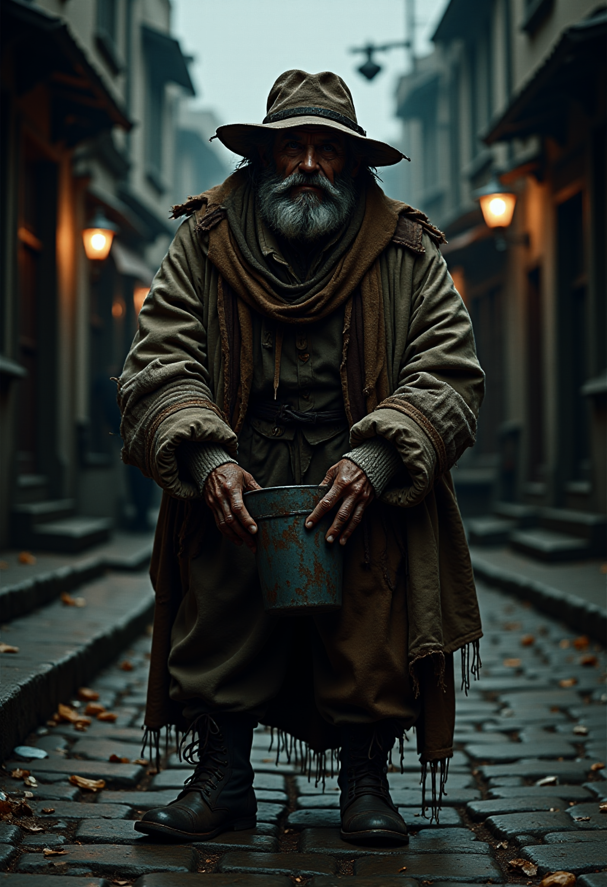 Rancid Ron is depicted as a figure of both repulsion and bizarre reverence in the shadowy streets of Ankh-Morpork. A gaunt, ragged beggar wrapped in layers of mismatched, tattered clothing, he wears a hat thatâs been patched and mended countless times, and clutches a battered tin cup for collecting alms. His odorâa complex bouquet of unwashed wool, rotten vegetables, and something distinctly fungalâwafts visibly through the air, creating a palpable haze around him that even the cityâs resilient inhabitants seem to avoid. Standing in the damp, cobblestone streets amid the fog and dim lamplight, Rancid Ron appears less like a man and more like an eccentric urban legend, with his aura marking his territory as a high-ranking member of the beggarsâ guild. The scene reflects the grime and quirkiness of Ankh-Morpork, capturing its eccentric charm and the distinctive, grimy characters that populate the Discworld.