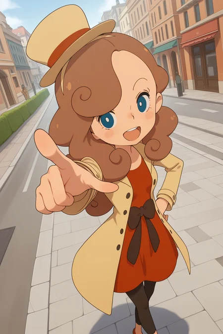 masterpiece, best quality, amazing quality, katriellelayton, 1girl, solo, smile, open mouth, pointing at viewer, hand on hip, confident, brown hat, black leggings, brown coat, red dress, outdoors, street, city