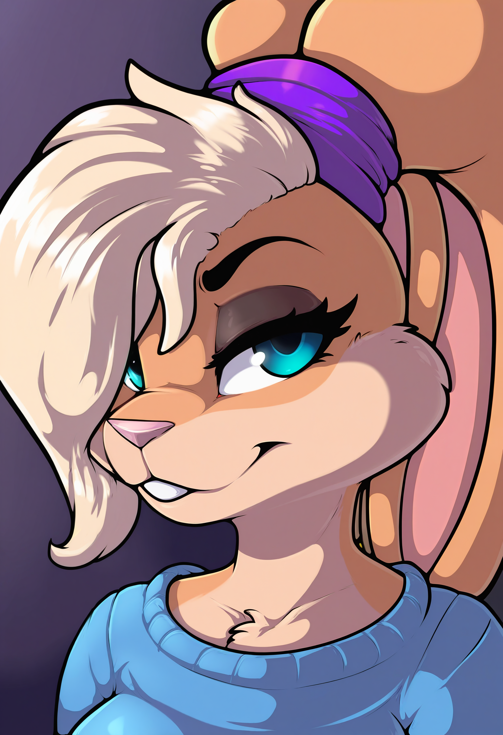1girl, solo, lola bunny, sweater, portrait, furry, 
masterpiece, best quality, <lora:adjatha-guy90-Illust-Lycorisv1:1> ahtajda