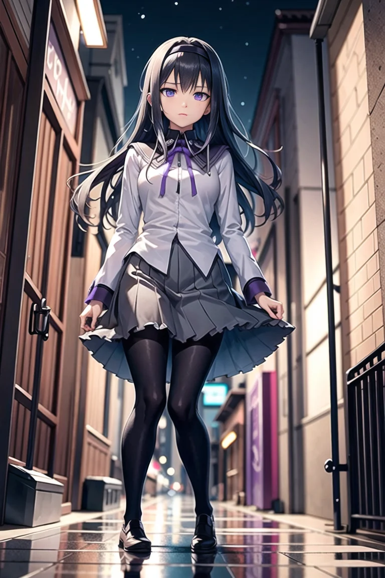 Homura Akemi, 1girl, solo, cowboy shot, from below, walking, extremely detailed textures, scowling, looking down at the viewer, (detailed reflective_eyes) <lora:HomuraAkemi:1> BREAK dark city alleyway, night time, windy, aesthetic, intricate, sharp focus, aesthetic, intricate, sharp focus, best quality, extremely detailed,