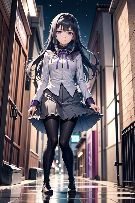 Homura Akemi, 1girl, solo, cowboy shot, from below, walking, extremely detailed textures, scowling, looking down at the viewer, (detailed reflective_eyes) <lora:HomuraAkemi:1> BREAK dark city alleyway, night time, windy, aesthetic, intricate, sharp focus, aesthetic, intricate, sharp focus, best quality, extremely detailed,