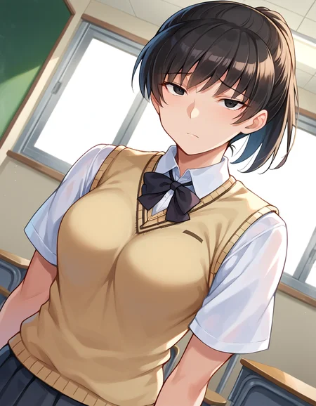 score_9, score_8_up, score_7_up, source_anime,
hibikitsukahara, <lora:hibiki-tsukahara-ponyxl-lora-nochekaiser:1>
hibiki tsukahara, black eyes, black hair, ponytail, narrow eyes, slanted eyes,
kibito high school uniform, school uniform, sweater vest,
indoors, classroom,
looking at viewer, dutch angle, cowboy shot,