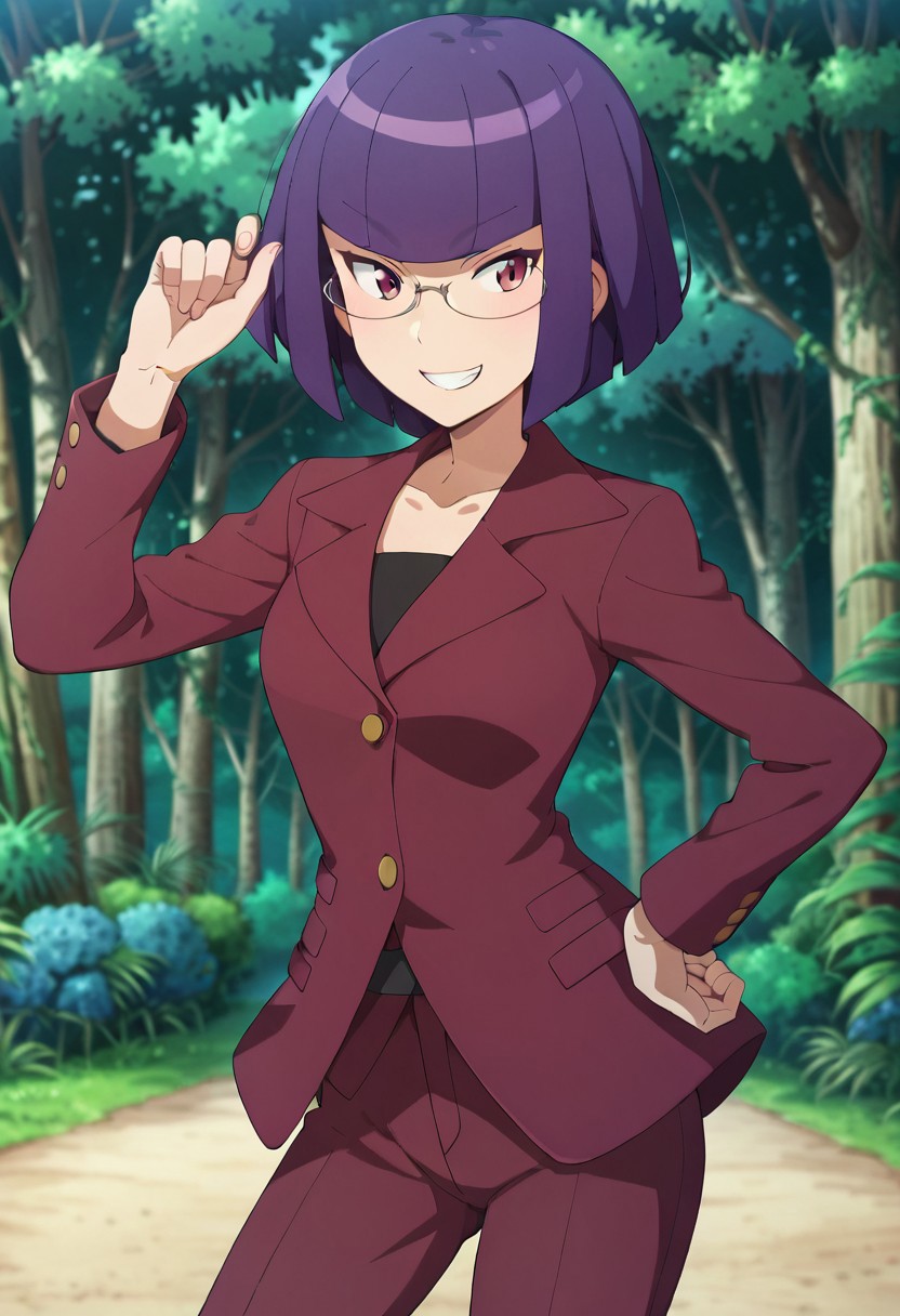 score_9,score_8_up,score_7_up,score_6_up, easynegative, negative_hand,
pkmnmatori, 1girl, purple eyes, glasses, purple hair, short hair, blunt bangs
matoris, formal, suit, red jacket, buttons, long sleeves, red pants,
standing, arm crossed, forest, smiling