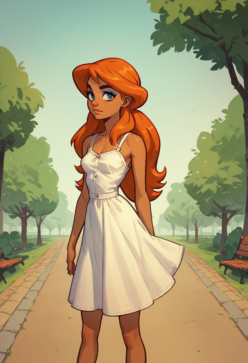 score_9, score_8_up, score_7_up, score_6_up, score_5_up, score_4_up, solo, PTAzalea,blue eyes,dark skin, makeup,long hair,orange hair,sundress,park
