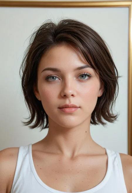 score_9, score_8, score_7, score_6, highres, high-quality, 8k, 4k, raw, Olivia Jeffrey Benson, short hair, gray eyes, grey eyes, dark brown hair, facing left, looking left, portrait photo, portrait photography