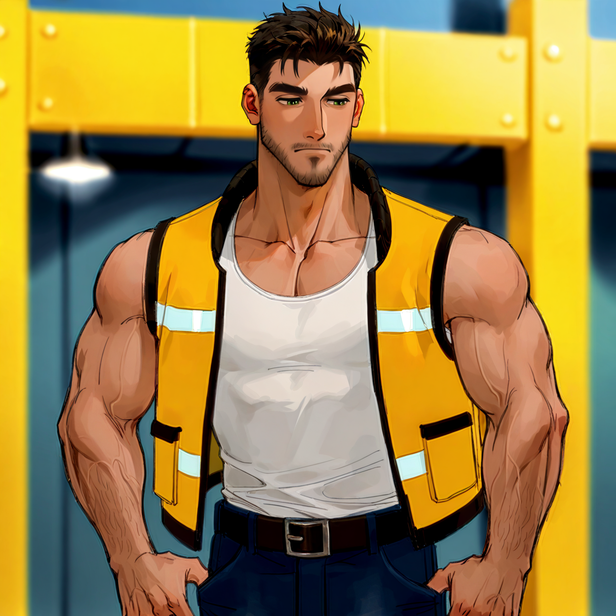 <lora:d35c7464-2c4d-4bd5-8be0-68666f1d6402.TA_trained:.7>, (coralderek,brown hair,green eyes,short hair,facial hair,thick eyebrows, yellow construction vest, tank top, jeans, belt)
cowboy shot, standing, 
(very short hair, beard, bara, mature, facial hair, stubble, beard, full beard, sideburn, beard, a lot of beard, ), facial hair,male focus, muscular male, muscular male, bara, mature,  bara, mature, aixiwuganda_(20222192), very awa, masterpiece, best quality, absurdres, newest, perfect quality, detailed background, intricate details,
<lora:slider_Body Type_alpha1.0_rank4_noxattn_last:3><lora:Anime Summer Days 2 Style SDXL_LoRA_Pony Diffusion V6 XL:.6><lora:slider_cfg_scale_boost:.7><lora:Artist6p:.55>, Artist6p, Artist04p,<lora:slider_il_brightness_slider_d1:-1><lora:slider_il_contrast_slider_d1:-1><lora:slider_DarkSlider1.2_alpha1.0_rank16_full_300steps:-.6><lora:slider_contract_controller_illus01_v1:.25>, <lora:addon_illustriousXLv01_stabilizer_v1.121:.5>