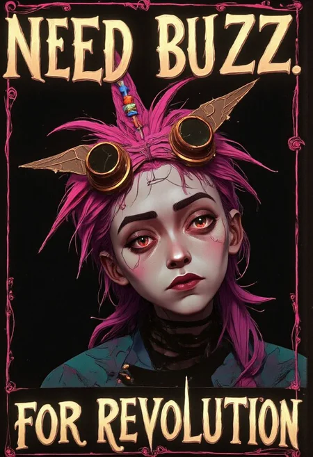 A byzantine style anarchist propaganda poster saying "need buzz" at the top and "for revolution" at the lower part of the image. The poster shows a pale jinx person with geometrical face paint and special neon hair. bo-abyss w3p0rtra1t