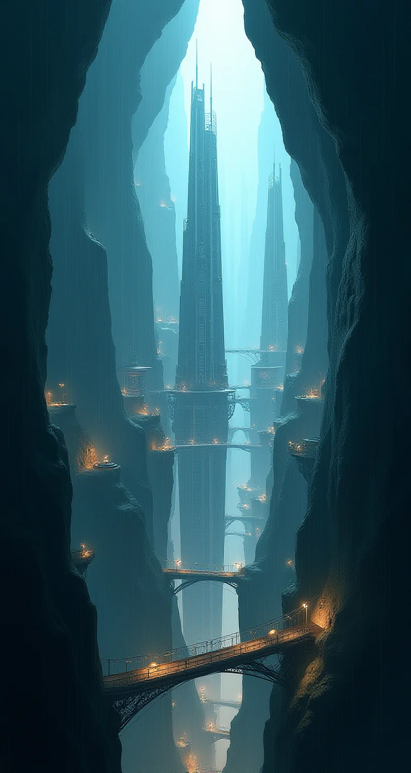 8trang microarchitecture, abstract from above,
a fantasy city built within a vast cave, sleek glass buildings, elegant walkways between towers, illustration, raining, dark and moody lighting, digital art, oil painting, fantasy, 8 k, trending on artstation, detailed