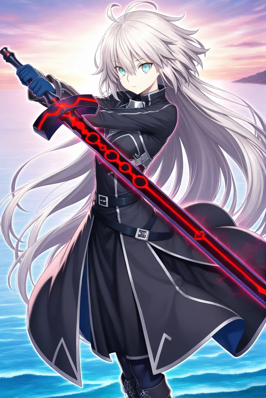 (SkyStrikerAce-Zero:0.8),1girl,solo,long hair,grey hair,looking at viewer,very long hair,hair between eyes,blue eyes,<lora:Sky Striker Ace - Zero:0.8>,scenery,(upper_body:1.2),
weapon,solo,sword,boots,belt,holding sword,blue gloves,(black dress:1.1),long sleeves,excalibur morgan \(fate\),outline,ocean world,seabed,, masterpiece,best quality,amazing quality,