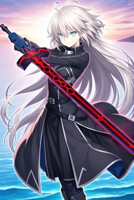 (SkyStrikerAce-Zero:0.8),1girl,solo,long hair,grey hair,looking at viewer,very long hair,hair between eyes,blue eyes,<lora:Sky Striker Ace - Zero:0.8>,scenery,(upper_body:1.2),
weapon,solo,sword,boots,belt,holding sword,blue gloves,(black dress:1.1),long sleeves,excalibur morgan \(fate\),outline,ocean world,seabed,, masterpiece,best quality,amazing quality,