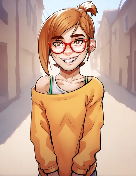 Darcy, teeth, 1girl, glasses, brown hair, solo, brown eyes, smile, sweater,off shoulder,  looking at viewer, red-framed eyewear, short hair, lips ,outdoors, looking at viewer, cowboy shot, score_9, score_8_up, score_7_up, score_6_up, score_5_up, score_4_up, <lora:Darcy2.0Pony (1):1>