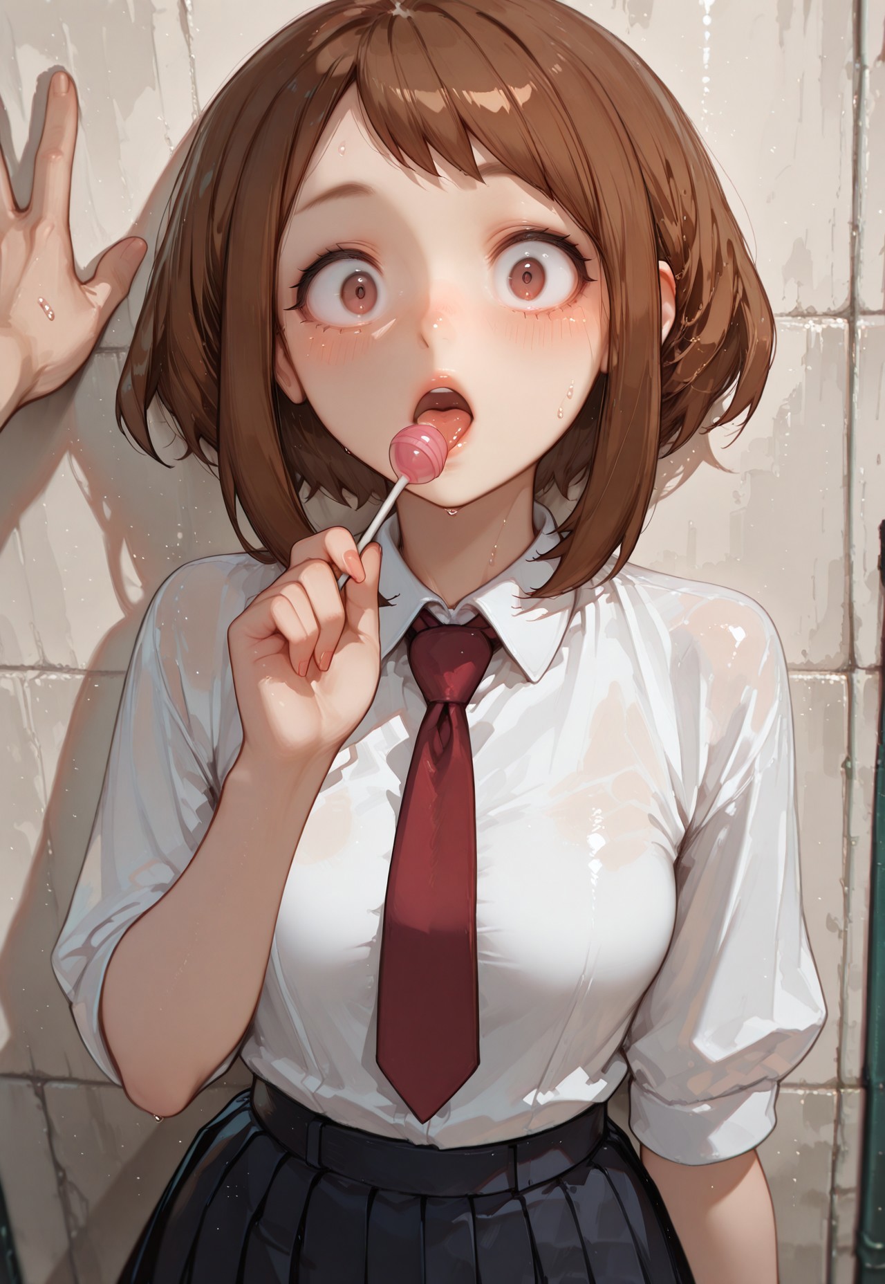 masterpiece, absurdres, newest, best quality, amazing quality, very aesthetic,1girl, score_9, score_8, score_7,high quality, masterpiece, hd,  Absurd res, high res, 4k, anime coloring, depth of field,
beautiful, open eyes,
female model face, 96yottea, very fit body, luscious lips, sexy, pale skin,  medium breasts, sexy, female adult, 
sweat, white collared shirt, red tie, 
1 girl, Ochaco Uraraka ,solo,  modern lighting, athletic body, very thin waist, skinny body, petite body, adult female, :o, surprised, (((hand up holding a lollipop))), licking lollipop,  tongue, 
outdoor setting,  simple background, 
from the front, 
looking at viewer, povkabedon, 1girl, solo focus,  blush,  