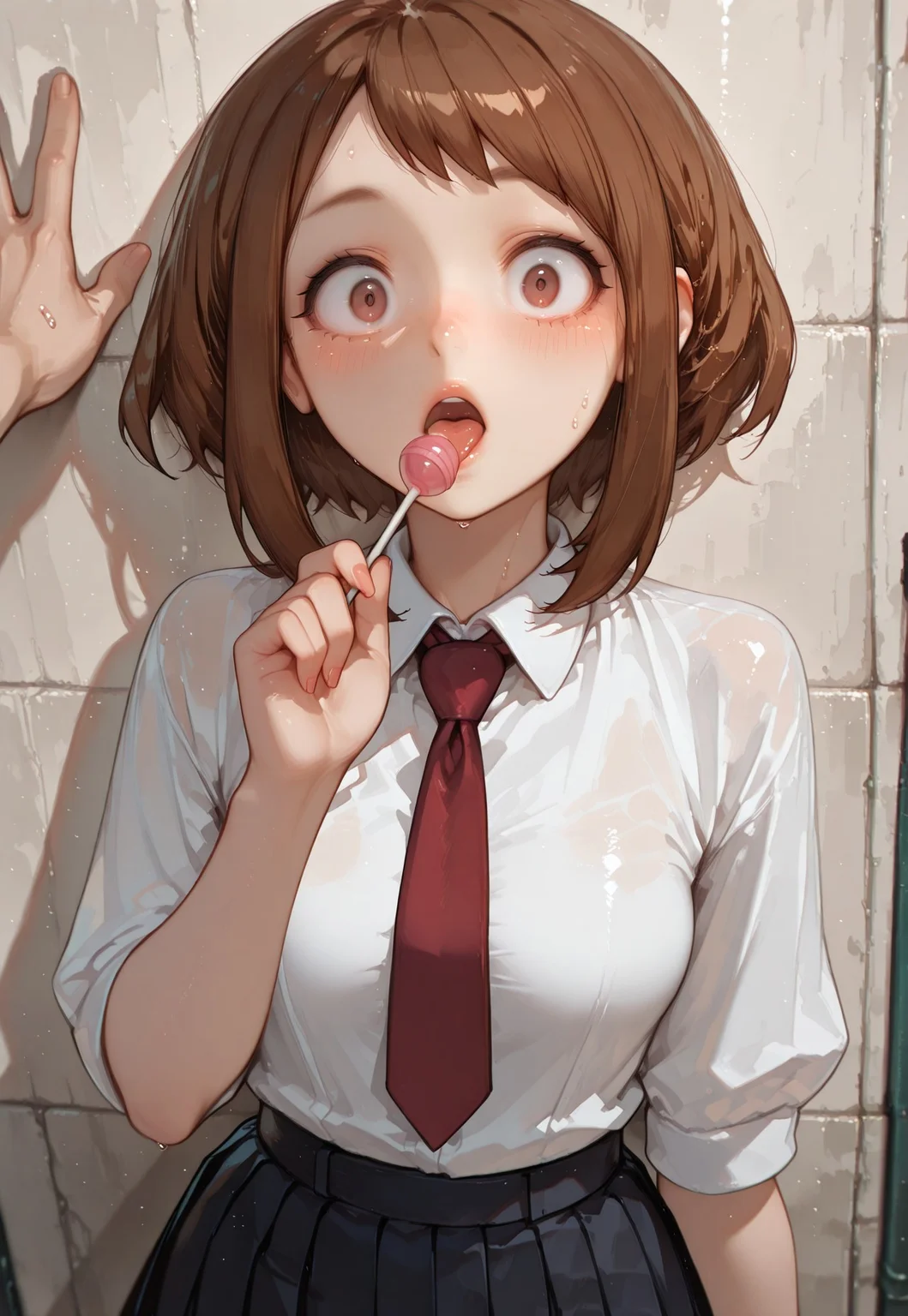 masterpiece, absurdres, newest, best quality, amazing quality, very aesthetic,1girl, score_9, score_8, score_7,high quality, masterpiece, hd, Absurd res, high res, 4k, anime coloring, depth of field,
beautiful, open eyes,
female model face, 96yottea, very fit body, luscious lips, sexy, pale skin, medium breasts, sexy, female adult,
sweat, white collared shirt, red tie,
1 girl, Ochaco Uraraka ,solo, modern lighting, athletic body, very thin waist, skinny body, petite body, adult female, :o, surprised, (((hand up holding a lollipop))), licking lollipop, tongue,
outdoor setting, simple background,
from the front,
looking at viewer, povkabedon, 1girl, solo focus, blush,