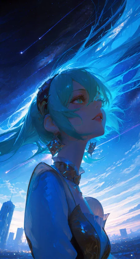 masterpiece, best quality, amazing quality, very aesthetic, absurdres, newest, scenery, by (yoneyama mai:0.5) and (rella:0.5) and (Ilya Kuvshinov:0.5),
1girl, hatsune miku, beautiful detailed face and eyes, parted lips, supermodel, a 1960s fashionable couture dress designed by Louis Féraud, Oscar de la Renta, Balenciaga, Peggie Moffitt, Federico Forque, Yves Saint-Laurent, Givenchy,
break
angled shoulders pose, Timeless Beauty, (three quarter view:0.2), (from below:0.4), (dutch angle:0), close-up, face focus, wind effect, floating long hair, Direct Eye Contact,
break
a urban skyline backdrop, dynamic lighting, Starry sky, planets, nebulae, Milky Way, shooting stars, cinematic background, intricate background,
break
Professional fashion editorial illustration, concept art, elegance, aesthetic, mysterious, ethereal, digital artwork, illustrative, painterly, matte painting, highly detailed, ultra detailed, insanely detailed, vibrant, detailed beautiful color, fine texture, crisp detail, crisp edges, depth of field, bokeh,
<lora:748cmSDXL:0.7>, <lora:GBF_Illustrious:0.4>, <lora:ponyv5_noobV065S_1_adamW:0.7>, <lora:USNR STYLE_XL_loha:0.5>, <lora:20th_Century_fashions_-_1960s_high_fashion_style:0.8>, <lora:Hair_floating_up:0.7>,
<lora:illustrious_all_rated_v1:0.8>,