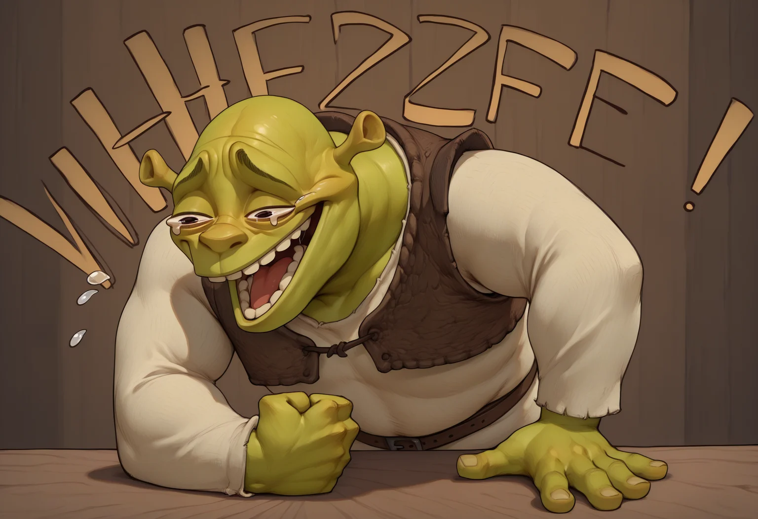 masterpiece, best quality, newest, absurdres, highres, 1boy, wheeze, upper body, laughing, tears, clenched hand, crying, english text, hand on table, open mouth, <lora:WheezeMeme_illusXLNoobAI_Incrs_v1-000013:1>, <lora:Shrek_illusXL_Incrs_v1:0.8> shrek, bald, green skin, brown vest, white shirt, brown belt