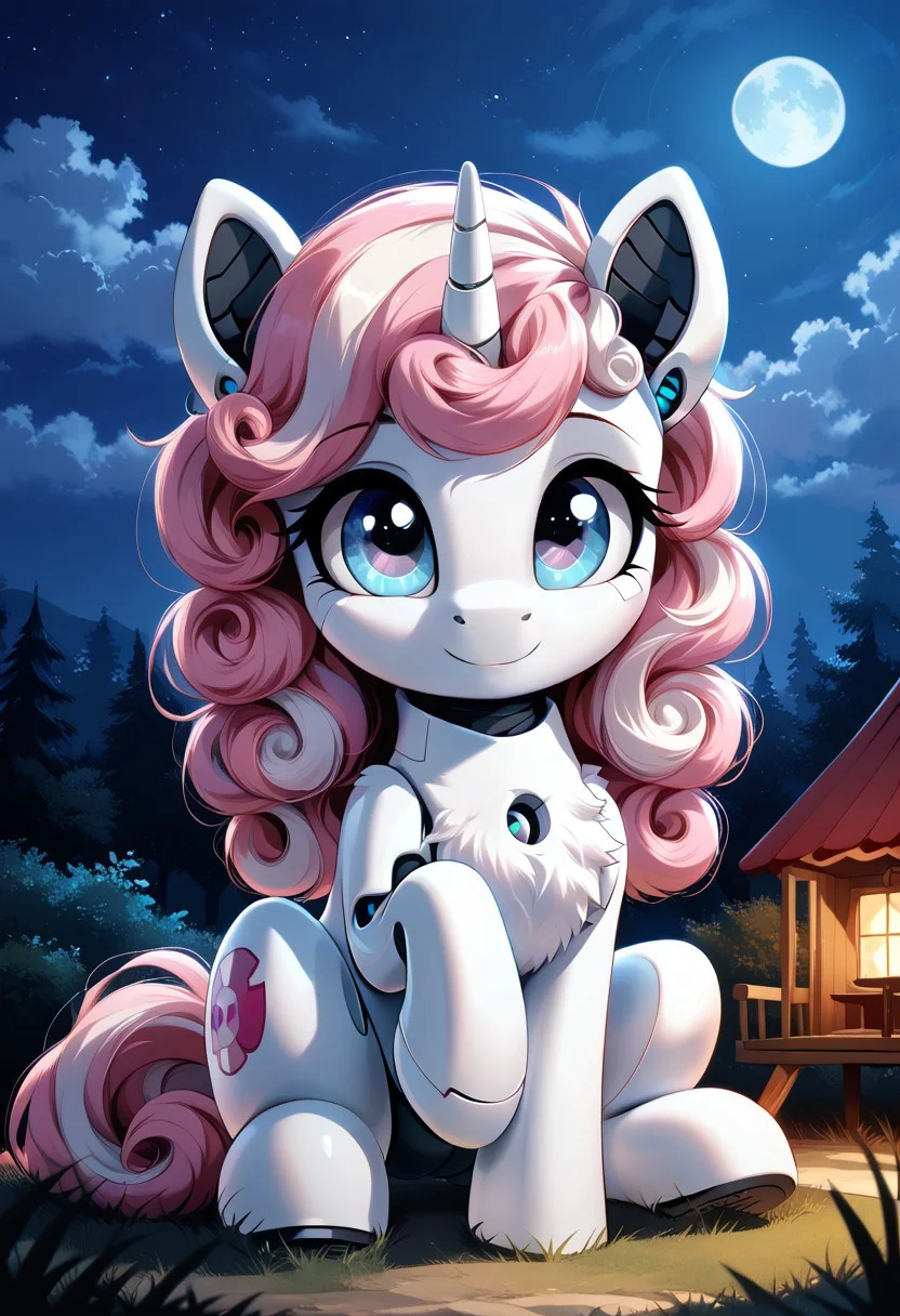full body, ((solo)), furry, fluffy, fluffy fur, perfect eyes, (only pony), zPDXL3,
SweetieBelle\(my_little_pony\), (turned into robot), robot, robot pony, ((Sweetie bot)), gynoid,
(outside treehouse), (night_time:1.6),
(high detailed face), (high art quality), (high detailed), 4k, (high resolution), (8k resolution), masterpiece, best quality, ((scenery)), detailed background