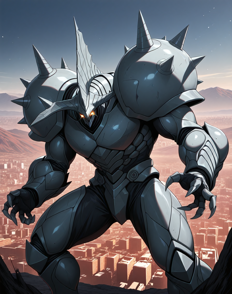 score_9, score_8_up, score_7_up,
<lora:Hyper_Zoanoid_(Guyver)_(Illustrious)_(AD):1> Hyper Zoanoid, Guyver, monster, 
exterior, science fiction, mountains, city skyline, sky with anime clouds,
cowboy shot, bent knee, dynamic action, 
silver colored body, glowing eyes, dominating, powerful, solo, stocky, bulky, thick armored hide, hyper muscular, 
BREAK Smooth Quality, IllusP0s, lazyhand, lazympos, lazynsfw,