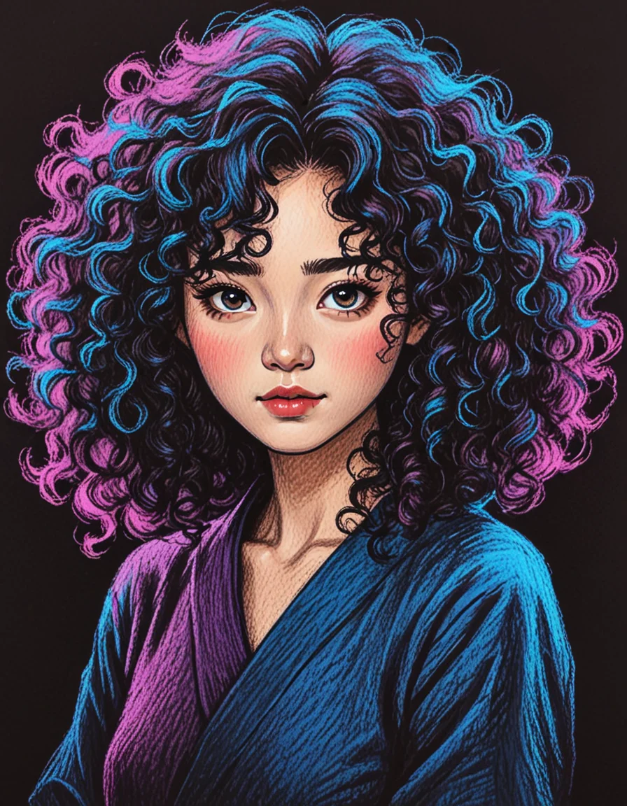 average korean woman with curly hair political propaganda poster novuschroma13 style oil pastels illustration on black <lora:novuschroma13 style_2:1> <lora:sdxl_lightning_8step_lora:1>