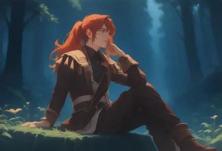 score_9, score_8_up, score_7_up, full body, a noble man in his thrities, victorian style, red hair in a ponytail, sits on the rock, night sky with stars, (watching the forest landscape beneath him), extremely detailed, detailed face, perfect anatomy, lonely, melancholic, dark