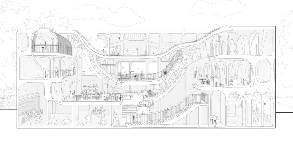 A sectional perspective drawing of a library with a dynamic, vivid interior scene. Several people are sitting and walking in the living area. The library features multiple levels, with interconnected spaces unified by curved structural elements. A large, open central atrium connects the floors visually and physically, with a sweeping ramp spiraling up to provide circulation. The architecture emphasizes fluid forms, with arches and vault-like elements supporting the floors and creating a sense of openness. The structural members appear light yet dynamic, contributing to an elegant aesthetic. The ground floor includes spaces with tables and chairs, suggesting areas for study or collaboration. The upper levels seem dedicated to reading areas and book storage, with shelves integrated into the walls. The perspective hints at a lively atmosphere, where people are reading, walking, or interacting within the space. The design prioritizes visibility and accessibility, encouraging community engagement and exploration. Large, open spaces suggest ample natural light, with potential for skylights or transparent facades. The interplay of light and shadow across the curved elements adds depth and dimension to the environment.,lineartSectionPerspectiveDrawing,lineartSectionPerspectiveDrawing