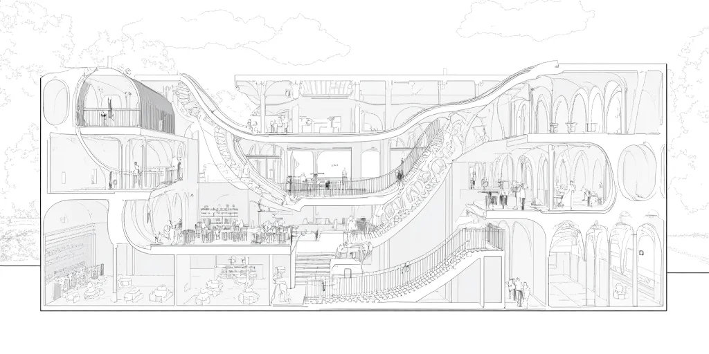 A sectional perspective drawing of a library with a dynamic, vivid interior scene. Several people are sitting and walking in the living area. The library features multiple levels, with interconnected spaces unified by curved structural elements. A large, open central atrium connects the floors visually and physically, with a sweeping ramp spiraling up to provide circulation. The architecture emphasizes fluid forms, with arches and vault-like elements supporting the floors and creating a sense of openness. The structural members appear light yet dynamic, contributing to an elegant aesthetic. The ground floor includes spaces with tables and chairs, suggesting areas for study or collaboration. The upper levels seem dedicated to reading areas and book storage, with shelves integrated into the walls. The perspective hints at a lively atmosphere, where people are reading, walking, or interacting within the space. The design prioritizes visibility and accessibility, encouraging community engagement and exploration. Large, open spaces suggest ample natural light, with potential for skylights or transparent facades. The interplay of light and shadow across the curved elements adds depth and dimension to the environment.,lineartSectionPerspectiveDrawing,lineartSectionPerspectiveDrawing