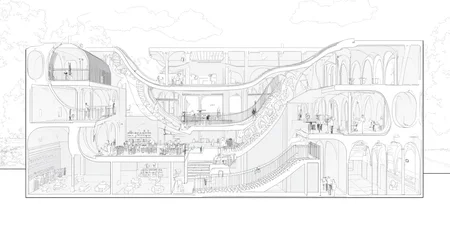 A sectional perspective drawing of a library with a dynamic, vivid interior scene. Several people are sitting and walking in the living area. The library features multiple levels, with interconnected spaces unified by curved structural elements. A large, open central atrium connects the floors visually and physically, with a sweeping ramp spiraling up to provide circulation. The architecture emphasizes fluid forms, with arches and vault-like elements supporting the floors and creating a sense of openness. The structural members appear light yet dynamic, contributing to an elegant aesthetic. The ground floor includes spaces with tables and chairs, suggesting areas for study or collaboration. The upper levels seem dedicated to reading areas and book storage, with shelves integrated into the walls. The perspective hints at a lively atmosphere, where people are reading, walking, or interacting within the space. The design prioritizes visibility and accessibility, encouraging community engagement and exploration. Large, open spaces suggest ample natural light, with potential for skylights or transparent facades. The interplay of light and shadow across the curved elements adds depth and dimension to the environment.,lineartSectionPerspectiveDrawing,lineartSectionPerspectiveDrawing