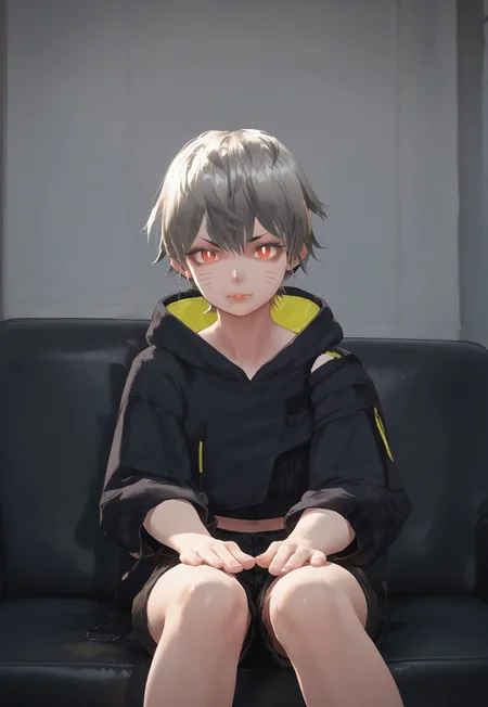 score_9, score_8, score_7, break, Canássy 1boy, femboy, femine looks,, solo, looking at viewer, short hair, bangs, red eyes, long sleeves, sitting, closed mouth, grey hair, shorts, hood, hoodie, feet out of frame, hood down, couch, black hoodie