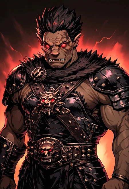 masterpiece, best quality, newest, absurdres, highres, TTCSV1.0, Zodd-V1.0, muscular male, short hair, red eyes, dark skin, dark skinned male, scar, scar on face, fangs, pointy ears, muscular, spiked hair,
glowing eyes, armor,