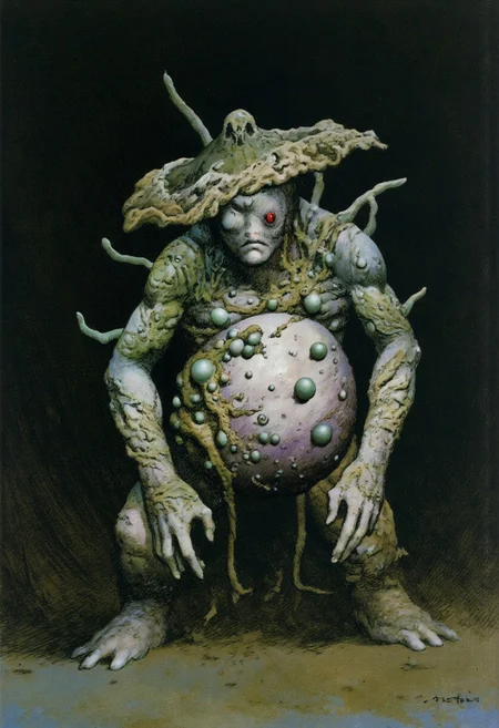 b3rs3rk macro lens d4concept pov, 3D01S, simple background d4artstyle atmospheric and powerful MikeFranchinastyle dark fantasy, natural organic and first person pov of a berserk style creature in the frazetta drawing style and Tsutomu Nihei style
Anthropomorphic mushroom creature, combining traits from various fungi. The creature has a bulbous, rounded body covered in textured, pale skin, with patches of moss and fungal growths sprouting from its surface. Its head resembles a large mushroom cap with a rugged, uneven edge, drooping slightly over its round face. Small, glowing eyes peer out from under the cap, giving it an inquisitive expression. Multiple spore sacs and fungal sprouts protrude from its back and shoulders, some resembling clusters of smaller mushrooms while others are elongated stalks. The creature’s arms are stubby and end in root-like fingers, while its legs are thick and sturdy, with mycelium-like tendrils wrapping around its feet. There are patches of bioluminescent fungi dotting its form, emitting a faint glow. The skin texture is highly detailed, mixing smooth, rubbery surfaces with rough, bark-like areas.
Background solid color with a faded dimly lit, fog-covered darkness tone that emphasizes its silhouette.
UHD letterboxed game trailer frame chromatic aberration dark atmosphere sharp masterpiece with a focus on the character, elden ring, dark atmosphere