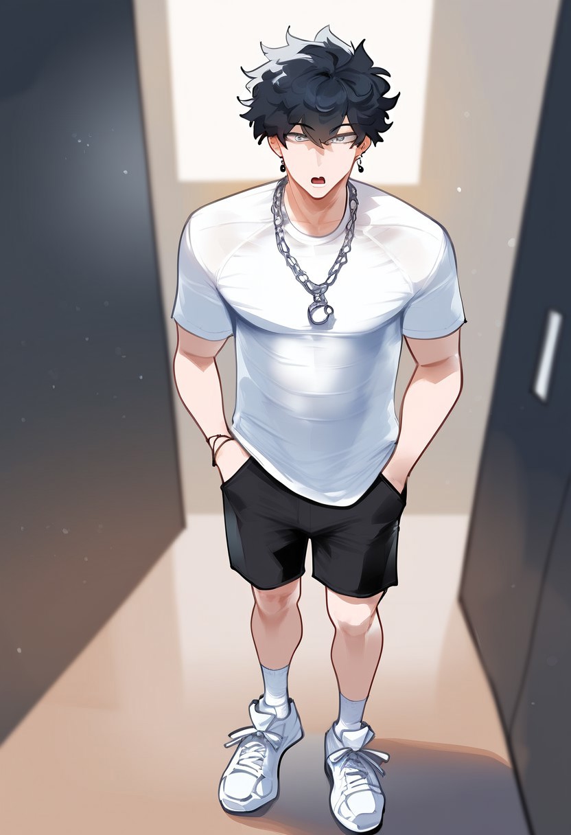 hips up, 1boy, male focus, hand in pockets, hands raised, standing,  toned, pectorals, white loose t-shirt, small silver chain necklace, necklace, stud earrings, earrings, jewelry, room, solo, looking at viewer, open mouth, black hair, grey eyes, short messy hair, best quality, amazing quality, best aesthetic, absurdres, lean body, no legs shown, black shorts, white low top sneakers, white sneakers, beige skin tone, medium socks, white socks, ankle socks,slim body,