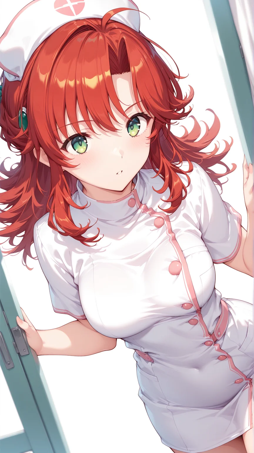 source_anime, general, best quality, masterpiece, 1girl, <lora:festenia_ill:1> festenia_muse,red hair,long hair,green eyes,nurse, dynamic pose, dutch angle,