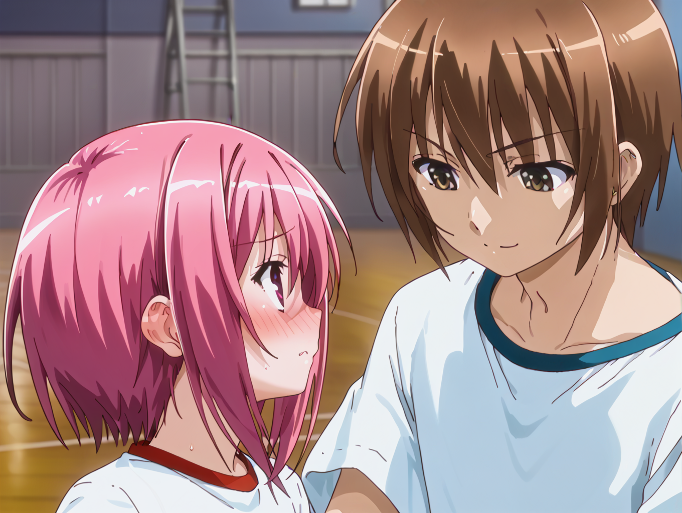 (zPDXL3), score_9, score_8_up, score_7_up, source_anime,
BREAK, 1girl, minato tomoka, blush, short hair, full-face blush, shy,
gym uniform, upper body, looking at another,
BREAK, hasegawa subaru, gym uniform, 1boy, short hair, upper body, looking at another, looking down, smile, 
<lora:ro-kyu-bu_pony_v1-000012:1>,