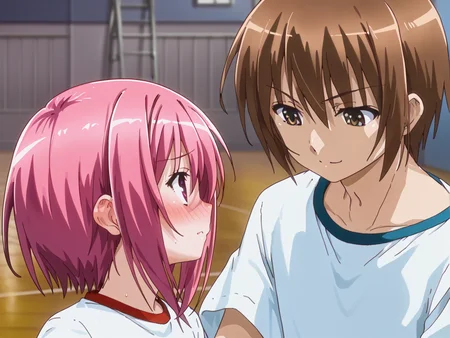 (zPDXL3), score_9, score_8_up, score_7_up, source_anime,
BREAK, 1girl, minato tomoka, blush, short hair, full-face blush, shy,
gym uniform, upper body, looking at another,
BREAK, hasegawa subaru, gym uniform, 1boy, short hair, upper body, looking at another, looking down, smile,
<lora:ro-kyu-bu_pony_v1-000012:1>,