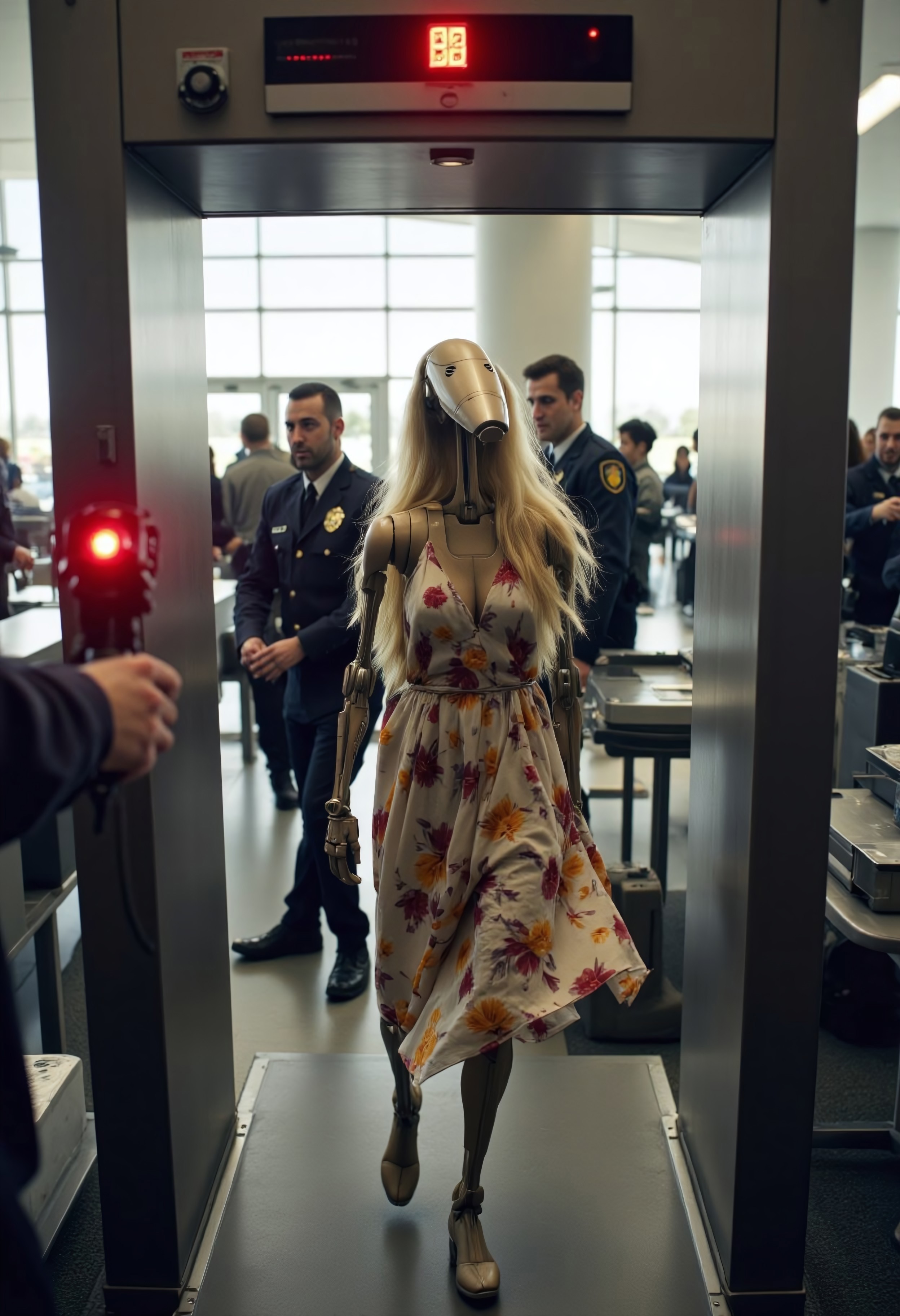 A comical scene at an airport security checkpoint, where a Star Wars battle droid is walking through a metal detector. The droid is humorously dressed in a flowing sundress with floral patterns and has long, luscious blonde hair cascading down its metallic frame. The metal detector’s red warning light is blinking furiously, and a loud alarm is going off as the droid stands awkwardly in mid-step. TSA officers in uniforms are gathered around, looking both confused and concerned, with one officer holding a scanner and another pointing at the droid. The background features a typical airport security setup, with conveyor belts, plastic bins, and travelers in line, some glancing at the bizarre scene. The lighting is bright and sterile, capturing the humorous contrast between the droid’s rigid frame and its unexpected, whimsical outfit