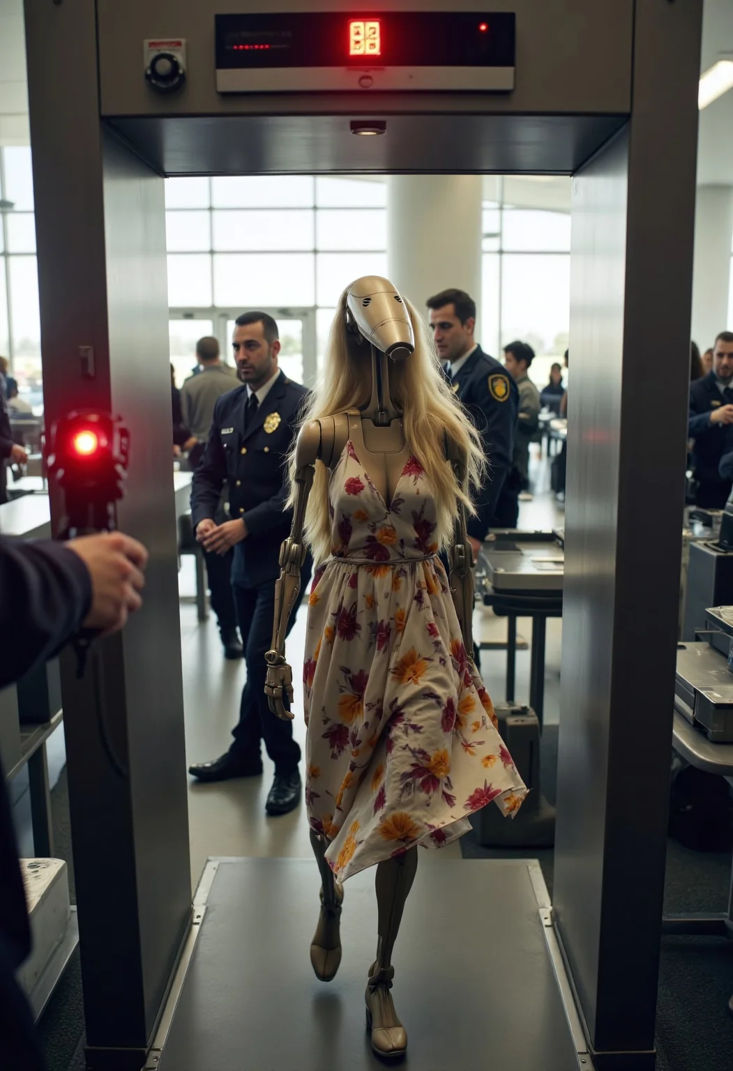 A comical scene at an airport security checkpoint, where a Star Wars battle droid is walking through a metal detector. The droid is humorously dressed in a flowing sundress with floral patterns and has long, luscious blonde hair cascading down its metallic frame. The metal detector’s red warning light is blinking furiously, and a loud alarm is going off as the droid stands awkwardly in mid-step. TSA officers in uniforms are gathered around, looking both confused and concerned, with one officer holding a scanner and another pointing at the droid. The background features a typical airport security setup, with conveyor belts, plastic bins, and travelers in line, some glancing at the bizarre scene. The lighting is bright and sterile, capturing the humorous contrast between the droid’s rigid frame and its unexpected, whimsical outfit