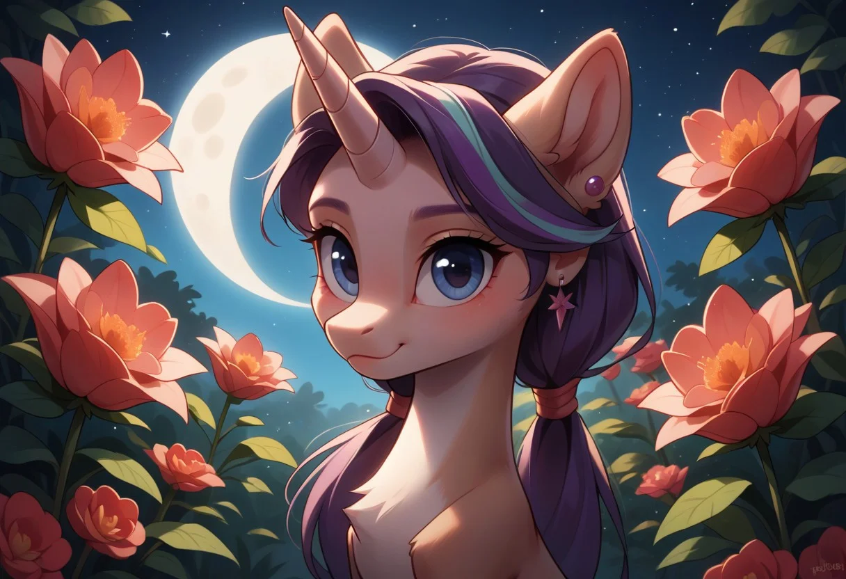 score_9, score_8_up, score_7_up, score_6_up, score_5_up, score_4_up, Starlight Glimmer, alicorn pony, g5, inside, rich colors, aroused, front view, detailed background, pony, detailed, 8k quality, side view, beautiful, teasing, easel and brushes, leaned to the floor, close up, free actions, (masterpiece:1.5), 8k, best quality, ultra-detailed, (high res), cinematic lighting, beautiful lighting, high quality, studio quality, detailed, insanely detailed, extreme detail, refined detail, perfect detail, max detail, smooth lighting, detailed background, hyper detailed body, beautiful lighting, vibrant lighting, global illumination, absurdres, high-res, dynamic lighting, ponypositive, looking at viewer, (narrow waist, skinny, small body, slim), (outdoors, floral garden), bright lighting, daylight, sunshine, cute, kawaii, (closed mouth), happy, ((standing)), alone, gleaming eyes, large eyes, ((cowboy shot)), (hands at the sides), (rating_safe, sfw), source anime, <lora:xl_more_art-full_v1:0.8> , PonyXLV6_Scores, unity 8k wallpaper, perfect anatomy, <lora:PerfectEyesXL:1> , perfect eyes, <lora:hand 5.5:1> , perfect hands, detailed hands, winnie, furry female, brown fur, blue eyes, low twintails,  earrings, chibi, night, starry skies, moonlight, large Moon,