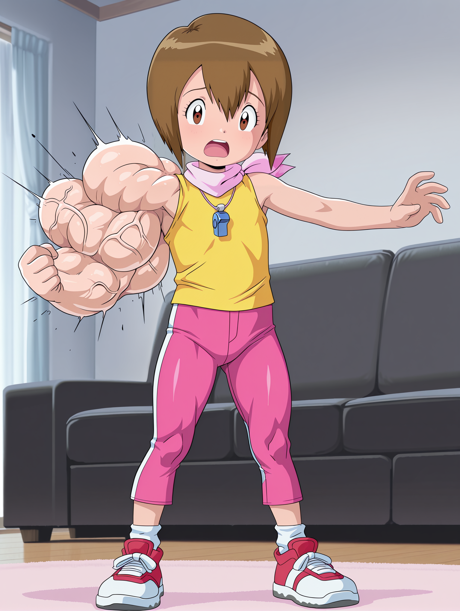 masterpiece,best quality,amazing quality, 1girl, solo, hikari yagami, digimon adventure, brown hair, short hair, brown eyes, young, pale pink neckerchief, whistle, pale yellow sleeveless shirt, hot pink pants, female child, white socks, two tone sneakers, red sneakers, white sneakers, living room, standing, fear expression, shocked,open mouth, (((Uneven hyper arm growth,Uneven extreme arm growth,Uneven hyper bicep growth, Uneven hyper shoulder growth, Uneven hyper muscle growth))),(hyper muscle:1.2),, looking at arm, <lora:IllustriousXL_Hikari_Yagami_Digimon_Adventure:0.6>,  <lora:IllustriousXL_StS-Detail-Slider-v1.0:3> <lora:IllustriousXL_Uneven_Growth:1>