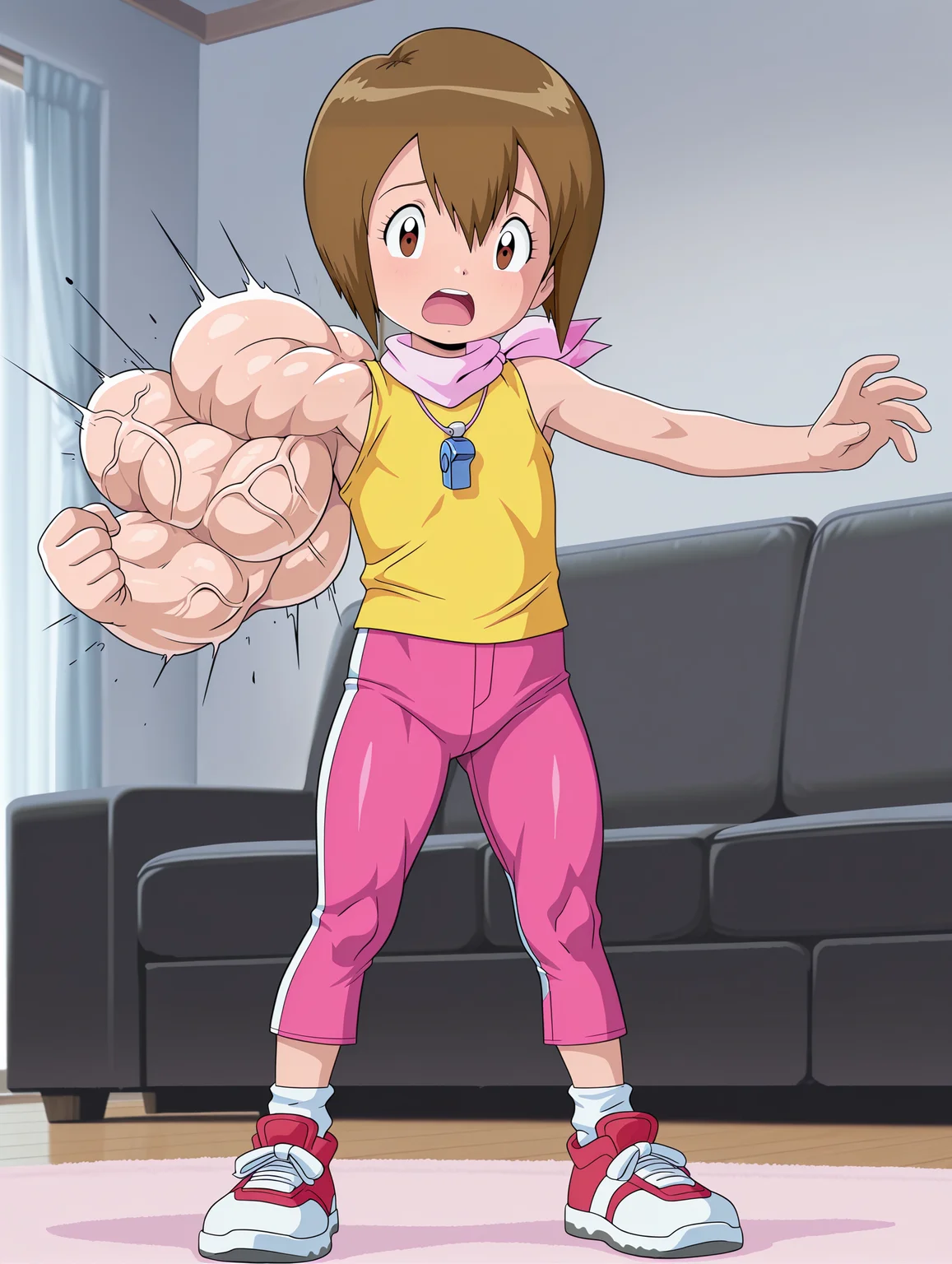 masterpiece,best quality,amazing quality, 1girl, solo, hikari yagami, digimon adventure, brown hair, short hair, brown eyes, young, pale pink neckerchief, whistle, pale yellow sleeveless shirt, hot pink pants, female child, white socks, two tone sneakers, red sneakers, white sneakers, living room, standing, fear expression, shocked,open mouth, (((Uneven hyper arm growth,Uneven extreme arm growth,Uneven hyper bicep growth, Uneven hyper shoulder growth, Uneven hyper muscle growth))),(hyper muscle:1.2),, looking at arm, <lora:IllustriousXL_Hikari_Yagami_Digimon_Adventure:0.6>,  <lora:IllustriousXL_StS-Detail-Slider-v1.0:3> <lora:IllustriousXL_Uneven_Growth:1>