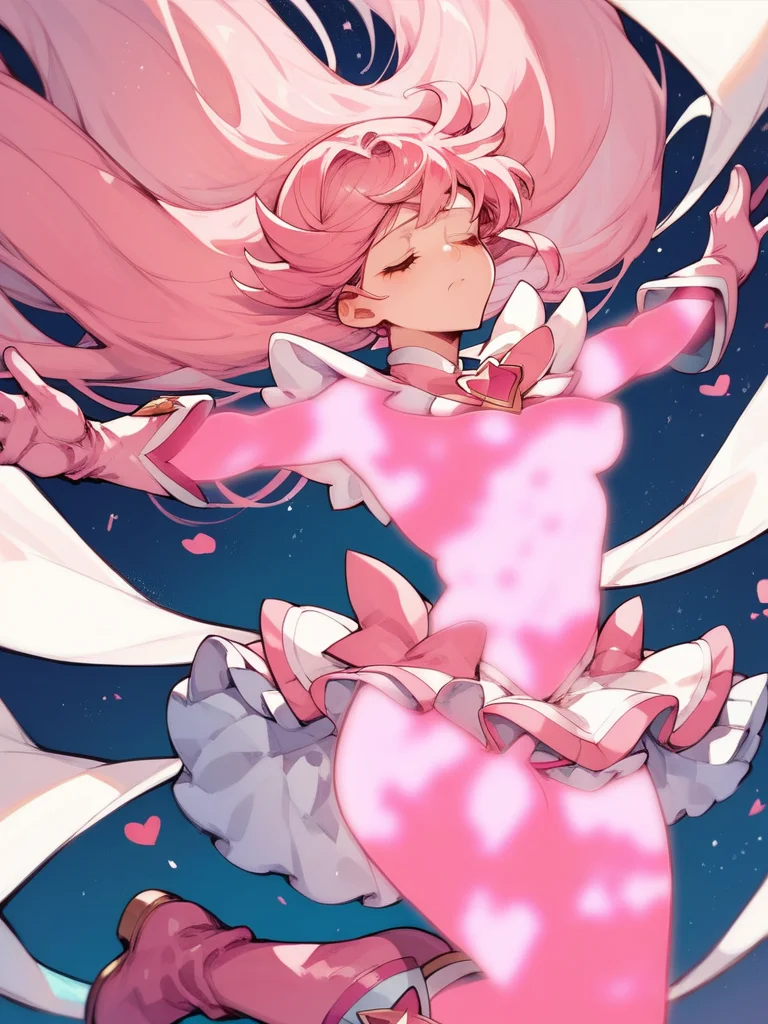 score_9,score_8_up,score_7_up,source_anime,rating_explicit,<lora:henshin:1>,henshin,naked,glowing body,magical girl,pink gloves,boots,skirt,closed eyes,long pink hair,breasts,spread arms,